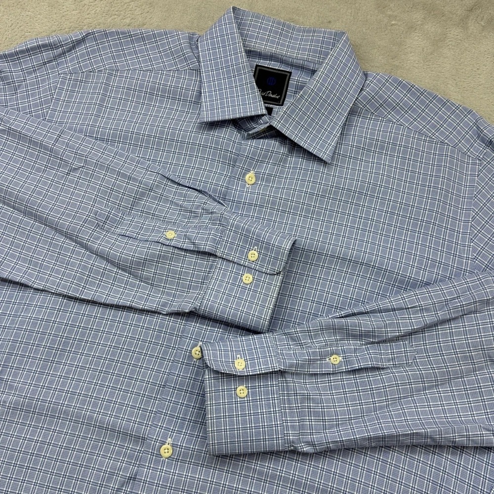 David Donahue Mens Cotton Dress Shirt 17 34/35 Blue White Plaid Trim Fit Woven